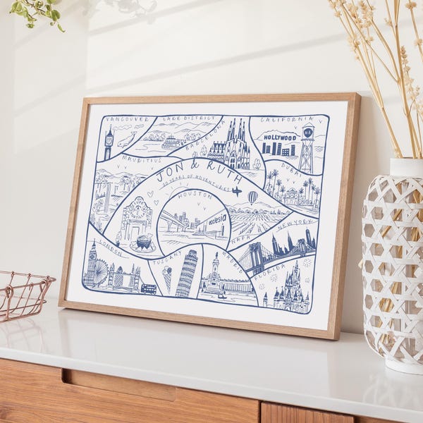 Personalised Travel Adventures Map Print, Custom Memories Illustration, Hand Drawn Travel Art, Couple Anniversary Gift, Wedding Present