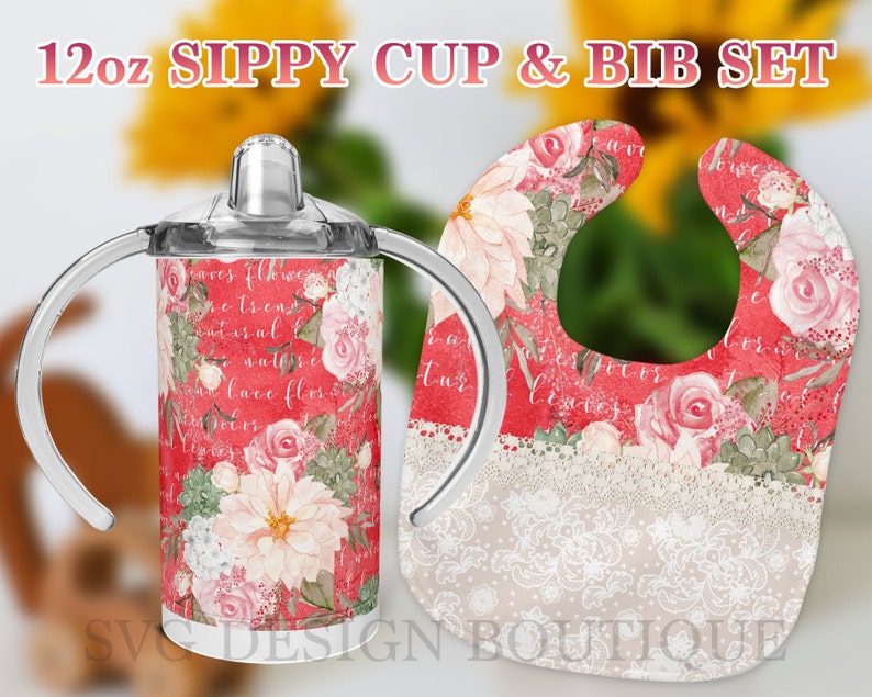 Lace Bib Sublimation Design Sippy Cup Tumbler Floral 12 oz Sippy Cup Template and Bib Set Sublimation Template Girl Sippy Cup Design