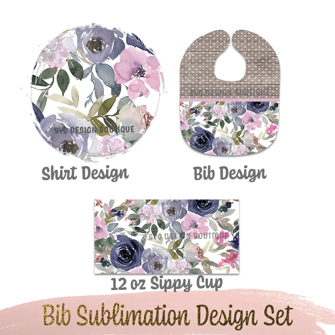 Floral Baby Bib Set Sublimation Bundle Navy Blue Blush Pink Etsy
