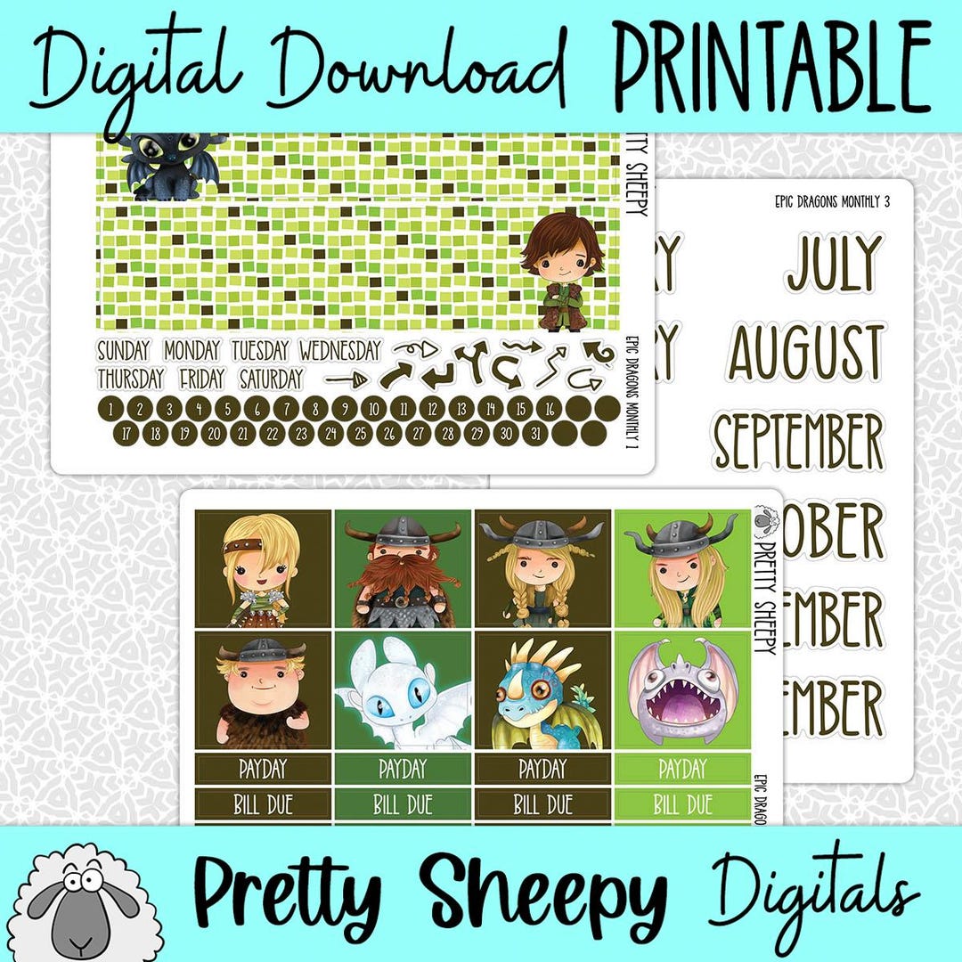 Epic Dragons Printable Monthly Planner Stickers | PNG Instant Digital ...