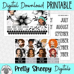 Tatted Princesses Printable Planner Stickers PNG Digital Download Stickers Monthly Erin Condren
