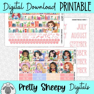 Bookworm Princesses Printable Planner Stickers PNG Digital Download Stickers Monthly Erin Condren