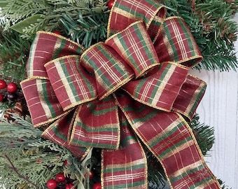 Burgandy and Gold Plaid Christmas Wreath Bow