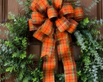 Orange Plaid Fall Wreath Bow, Premade Bow for Wreath, Thanksgiving Door Decor, Autumn Farmhouse Bow