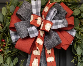 Handmade Orange & Grey Plaid Fall Wreath Bow | Farmhouse Thanksgiving Decor