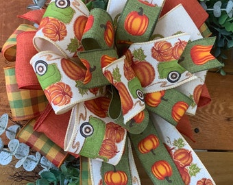 Green Pumpkin Truck Fall Wreath Bow: Plaid Wired Ribbon