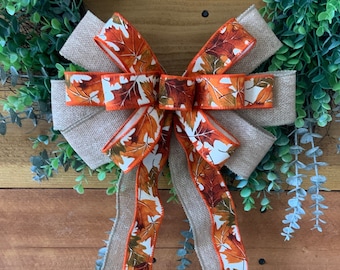 Bow for Fall Wreath farmhouse Burlap Fall Bow for Wreath  Fall Bow for Lantern  Country Wreath Bow  Fall Leaves Wreath Bow  Fall decor bow