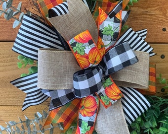 Pumpkin Fall Wreath Bow: Buffalo Check, Orange Print, 10-inch