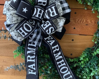 Farmhouse Wreath Bow: Black, White Gingham, Floral Wired Ribbon