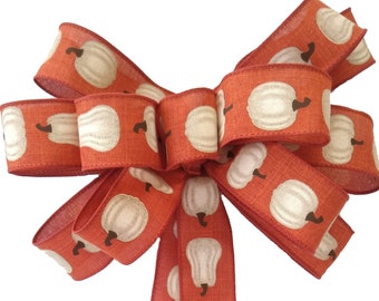 Pumpkin Bow, Rustic Fall Wreath Decor, Orange Linen Ribbon