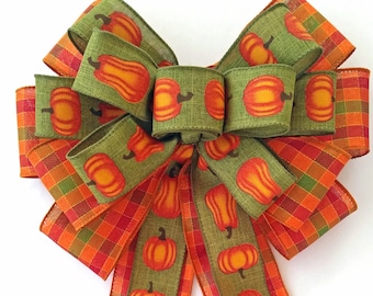 Pumpkin Plaid Fall Bow: Orange, Green Linen Wreath Accent