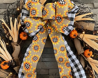 Fall Wreath Bow: Sunflower, Black Check, Wired Ribbon Decor