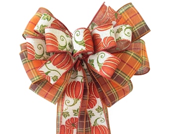 Pumpkin Plaid Fall Wreath Bow | Orange Autumn Decor