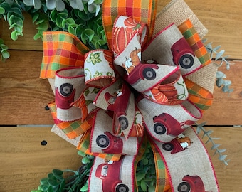 Autumn Wreath Bow: Orange Plaid, Burlap & Pumpkin Truck