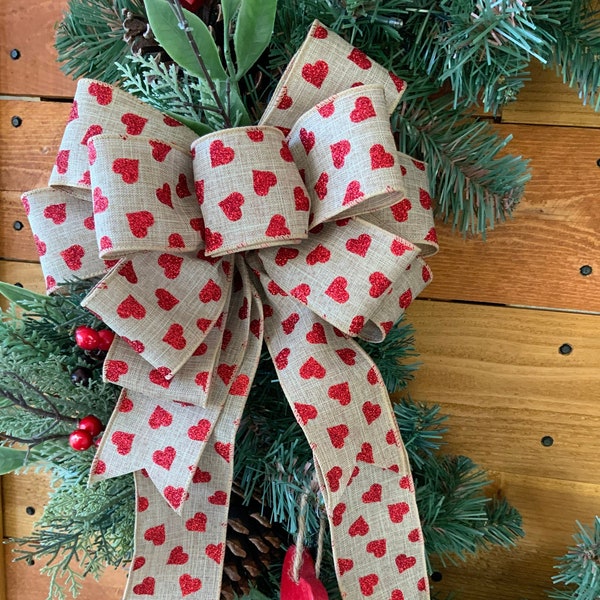 Valentines Day Bow - Burlap with Red Glittered Hearts