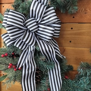 Black white stripe bow for wreath Christmas nightmare inspired decor black stripe bow farmhouse wreath bow lantern bow