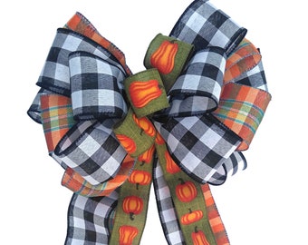 Fall Wreath Bow: Black Check, Orange Pumpkins, Autumn Decor