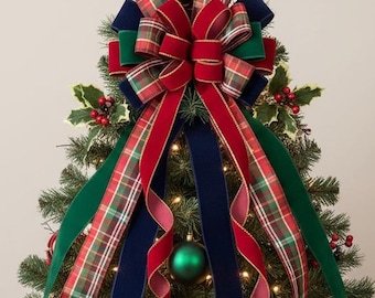 Plaid Christmas Tree Topper Bow: Red Green Blue Velvet, Green Red Tartan, 12"