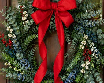 Patriotic Red Wreath Bow, 4th of July Door Decor, Premade Summer Bow for Wreath with Long Streamers - BOW ONLY
