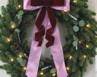 Burgundy Velvet Christmas Wreath Bow, Mauve Lilac Holiday Bow, Victorian Christmas Decor, Elegant Premade Bow for Wreath Garland