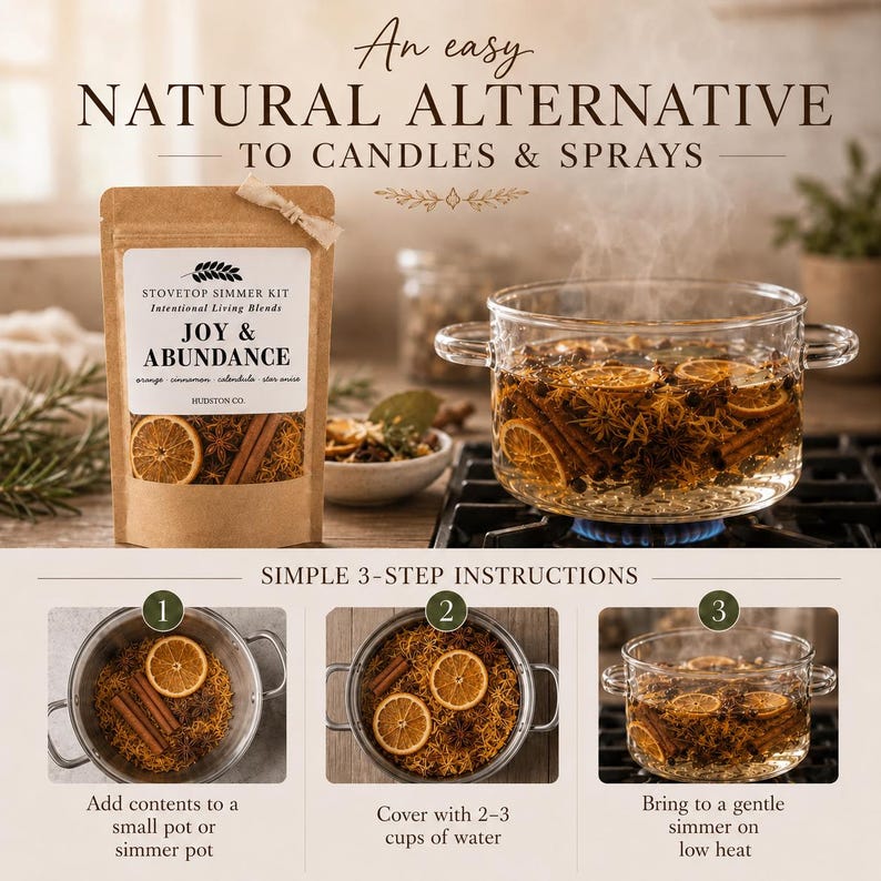 May include: A brown paper pouch labeled Stovetop Simmer Kit Joy & Abundance containing dried orange slices, cinnamon sticks, and star anise. A glass pot on a stove contains the simmering ingredients with steam rising. Includes 3-step instructions.
