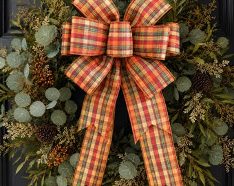 Fall Wreath Bow, Orange Plaid Bow, Autumn Wreath Bow, Farmhouse Fall Decor, Harvest Front Door Bow, Premade Wreath Bow