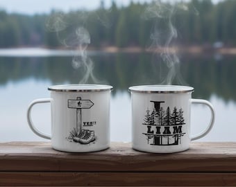 Personalized Forest Monogram Camping Mug – Custom Hiking Coffee Cup for Outdoorsmen