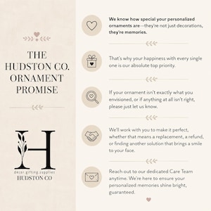 K&ouml;nnte beinhalten: Eine cremefarbene Grafik mit dem Text &bdquo;THE HUDSTON CO. ORNAMENT PROMISE&ldquo;. Das Bild enth&auml;lt Symbole f&uuml;r Herz, Geschenk, Lupe, H&auml;ndedruck und Umschlag sowie begleitenden Text.