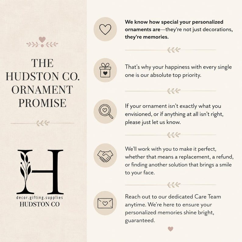 K&ouml;nnte beinhalten: Eine cremefarbene Grafik mit dem Text &bdquo;THE HUDSTON CO. ORNAMENT PROMISE&ldquo;. Das Bild enth&auml;lt Symbole f&uuml;r Herz, Geschenk, Lupe, H&auml;ndedruck und Umschlag sowie begleitenden Text.