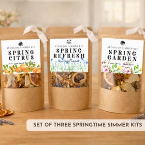 May include: Three brown paper bags tied with white ribbon, each labeled with "Spring" and a flavor: Citrus, Refresh, and Garden. The bags contain dried herbs and fruits. The text "Set of Three Springtime Simmer Kits" is at the bottom.