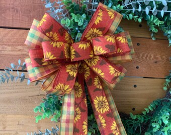 Sunflower Fall Wreath Bow: Rust Linen & Harvest Plaid