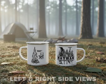 Personalized Forest Monogram Camping Mug | Custom Enamel Campfire Coffee Cup
