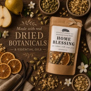May include: A brown paper pouch labeled Home Blessing Stovetop Simmer Kit by Hudston Co. containing dried botanicals, orange slices, and vanilla beans, surrounded by fresh pear slices, cardamom pods, jasmine flowers, and dried orange slices.