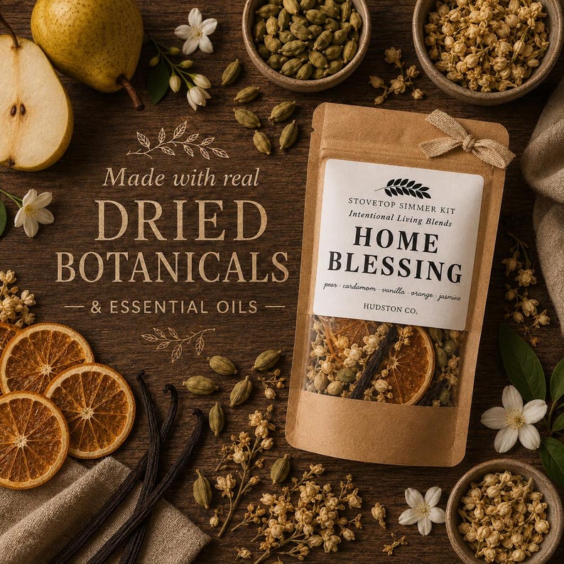 May include: A brown paper pouch labeled Home Blessing Stovetop Simmer Kit by Hudston Co. containing dried botanicals, orange slices, and vanilla beans, surrounded by fresh pear slices, cardamom pods, jasmine flowers, and dried orange slices.
