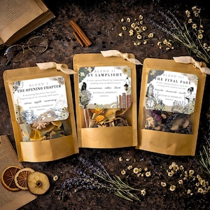 May include: Three brown paper pouches labeled "Blend I", "Blend II", and "Blend III" with botanical simmer kits. The pouches contain dried botanicals and have decorative labels with text. The labels include the text "The Opening Chapter", "By Lamplight", and "The Final Page".