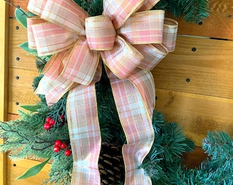 Pink Plaid Christmas Bow, Rose Gold Tree Topper