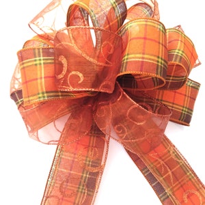 Large orange Fall bow for wreath copper fall bow autumn decor bow fall lantern bow plaid fall bow decor fall wreath bow orange bow for fall