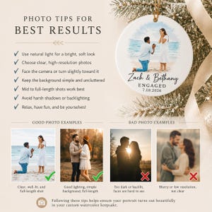 Best photo tips for custom engagement ornament artwork, including bright lighting, clear faces, and full couple visibility.