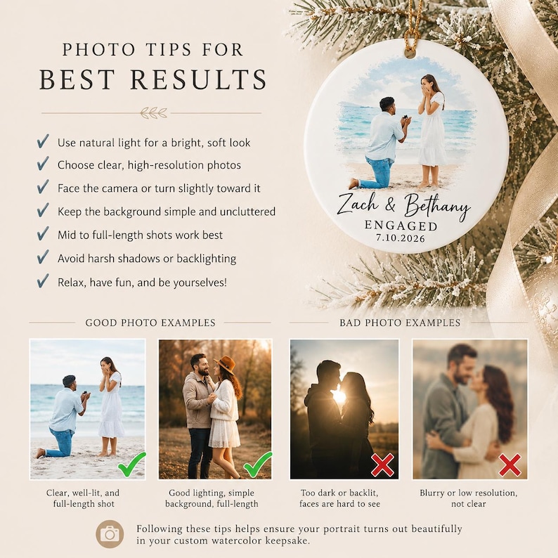 Best photo tips for custom engagement ornament artwork, including bright lighting, clear faces, and full couple visibility.