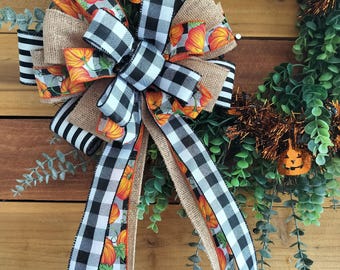 Farmhouse Fall Wreath Bow, Black Check, Orange Pumpkin Theme