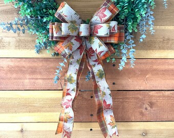 Autumn Harvest Leaf and Plaid Fall Bow for Wreaths - Elegant Handmade Fall Bow with Streamers in Shades of Orange and Gold