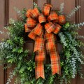Orange Plaid Fall Wreath Bow, Premade Bow for Wreath, Thanksgiving Door Decor, Autumn Farmhouse Bow