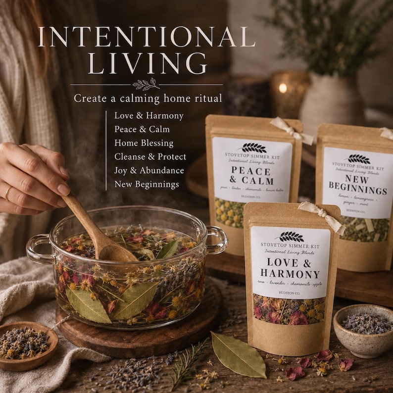 May include: A glass pot filled with water and dried botanicals, stirred with a wooden spoon, alongside three kraft paper pouches labeled Stovetop Simmer Kit with the text Love & Harmony, Peace & Calm, and New Beginnings, plus small bowls of herbs.