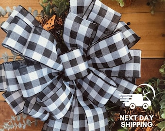 Buffalo Check Fall Wreath Bow: Black and White Gingham, Wired Edge