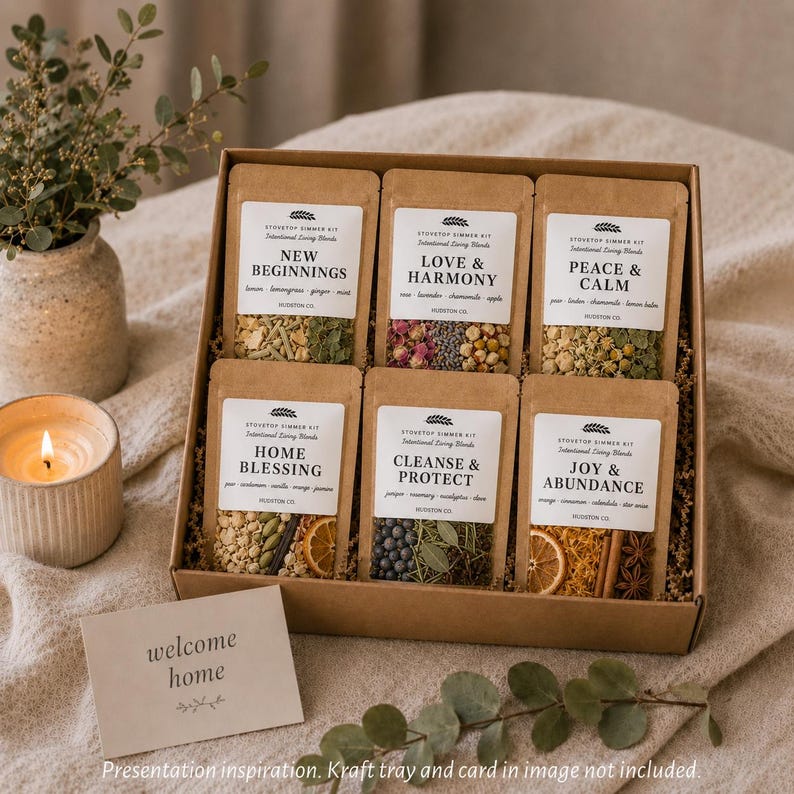 May include: A cardboard gift box containing six kraft paper pouches of stovetop simmer kits labeled New Beginnings, Love & Harmony, Peace & Calm, Home Blessing, Cleanse & Protect, and Joy & Abundance, with a welcome home card.