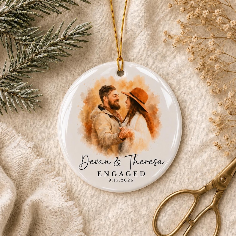 Personalized Engagement Ornament from Photo, Soft Watercolor Couple Portrait Custom Engagement gift Bild 2