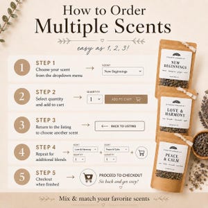 May include: An instructional graphic titled How to Order Multiple Scents with five steps for purchasing stovetop simmer kits. Three brown paper pouches labeled New Beginnings, Love & Harmony, and Peace & Calm are shown on the right side.