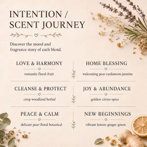 May include: A beige informational card titled INTENTION / SCENT JOURNEY with text listing six fragrance blends: LOVE & HARMONY, HOME BLESSING, CLEANSE & PROTECT, JOY & ABUNDANCE, PEACE & CALM, and NEW BEGINNINGS, decorated with dried flowers.