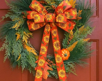 Handmade Sunflower Wreath Bow, Rustic Farmhouse Fall Decor