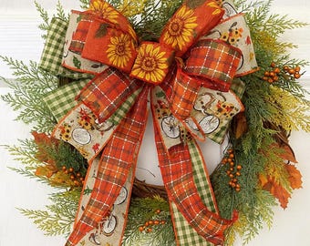 Sunflower Bicycle Fall Bow, Rustic Plaid Farmhouse Wreath Decor